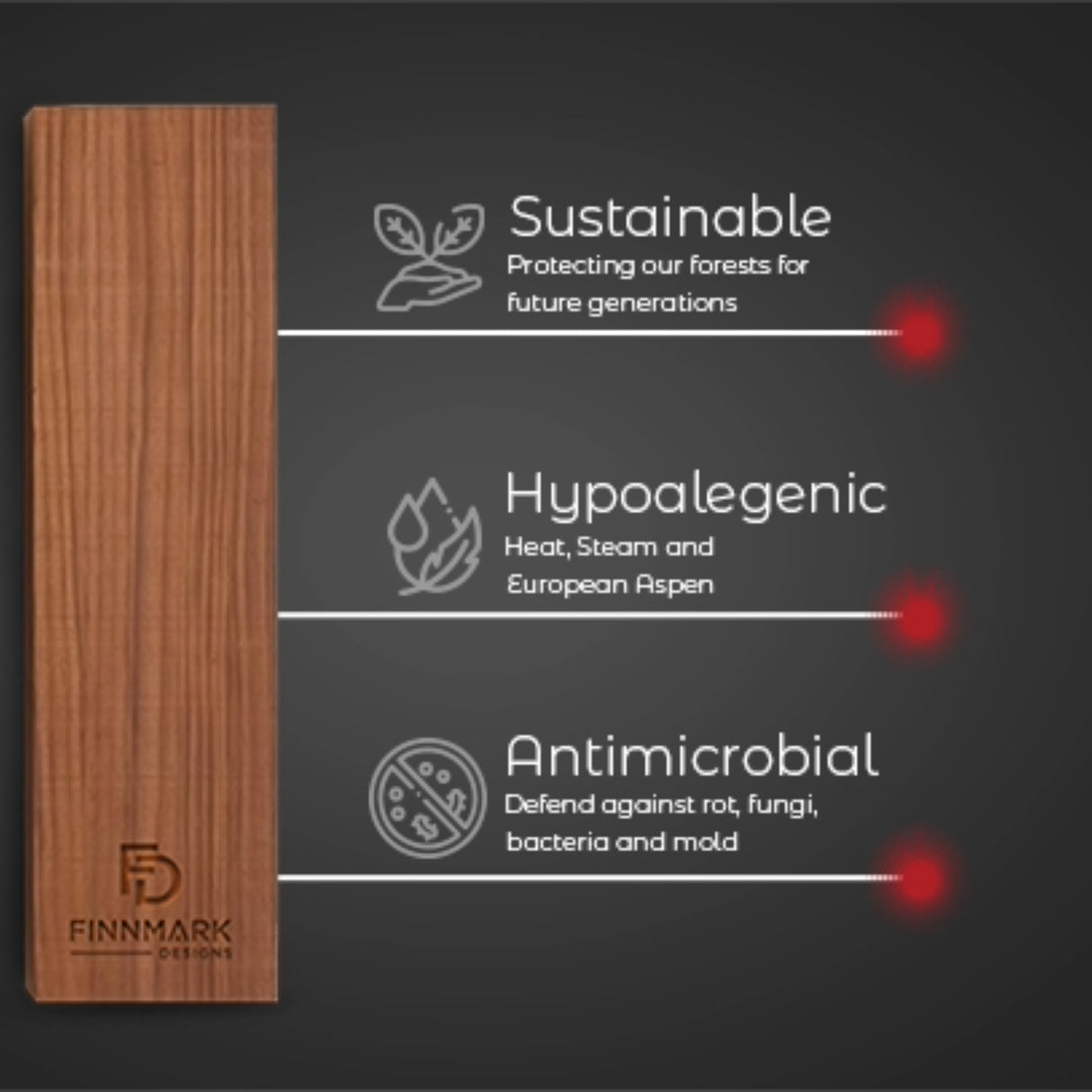 Finnmark Designs Thermo-Aspen wood benefits infographic showing sustainable, hypoallergenic and antimicrobial properties.