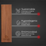 Finnmark Designs Thermo-Aspen wood benefits infographic showing sustainable, hypoallergenic and antimicrobial properties.