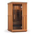Finnmark FD-1 1-person full-spectrum infrared sauna exterior with Thermo-Aspen wood finish and tempered glass door.