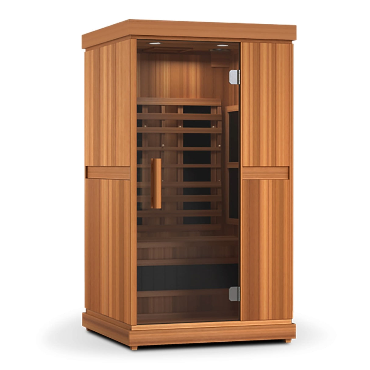 Finnmark FD-1 1-person full-spectrum infrared sauna exterior with Thermo-Aspen wood finish and tempered glass door.