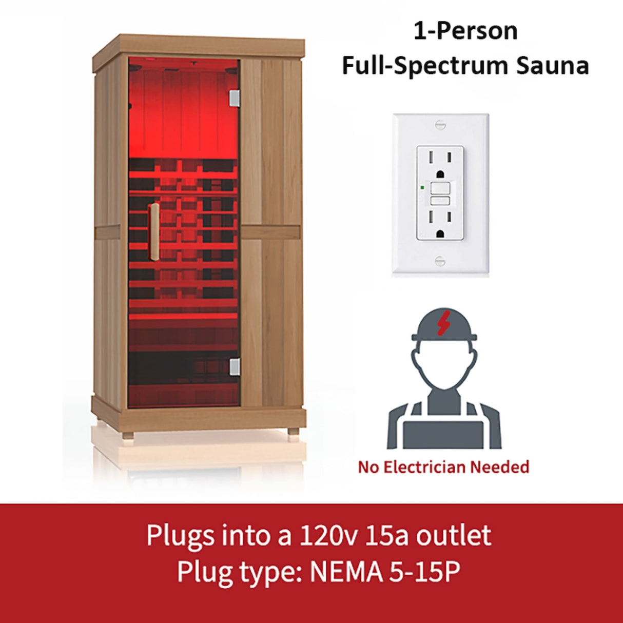 Finnmark FD-1 1-person full-spectrum infrared sauna plugs into standard 120v 15a outlet with NEMA 5-15P plug, no electrician needed.