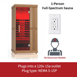 Finnmark FD-1 1-person full-spectrum infrared sauna plugs into standard 120v 15a outlet with NEMA 5-15P plug, no electrician needed.