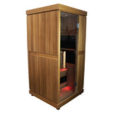 Finnmark FD-1 1-person infrared sauna angled exterior view with red chromotherapy lighting visible through glass door.
