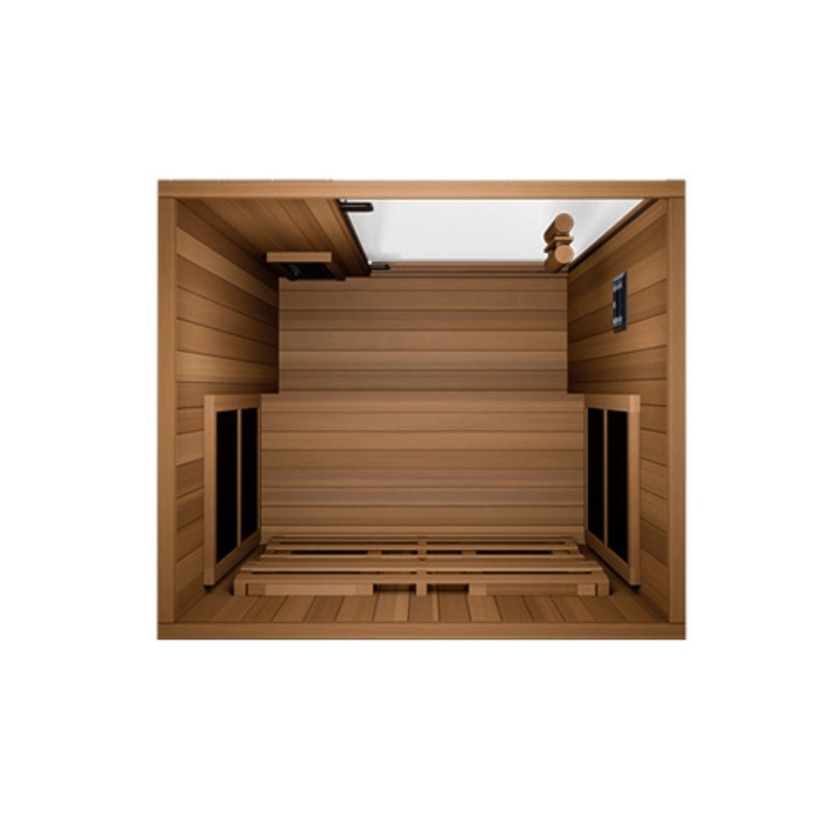 Finnmark FD-1 infrared sauna top-down interior view showing cedar bench, Spectrum Plus infrared heaters and carbon 360 panels.
