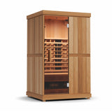 Finnmark FD-2 2-person full-spectrum infrared sauna front view with open glass door showing Spectrum Plus and carbon 360 heater panels.