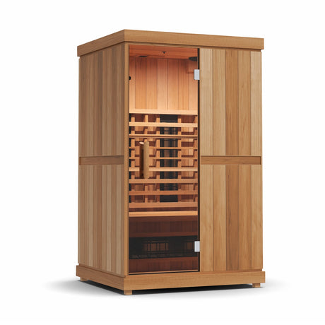 Finnmark FD-2 2-person full-spectrum infrared sauna front view with open glass door showing Spectrum Plus and carbon 360 heater panels.