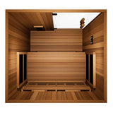 Finnmark FD-2 infrared sauna top-down interior view showing Western Canadian cedar benches and carbon 360 infrared heater panels.