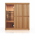Finnmark FD-3 4-person full-spectrum infrared sauna front view with open glass door showing cedar interior, carbon 360 heaters and Spectrum Plus panels.