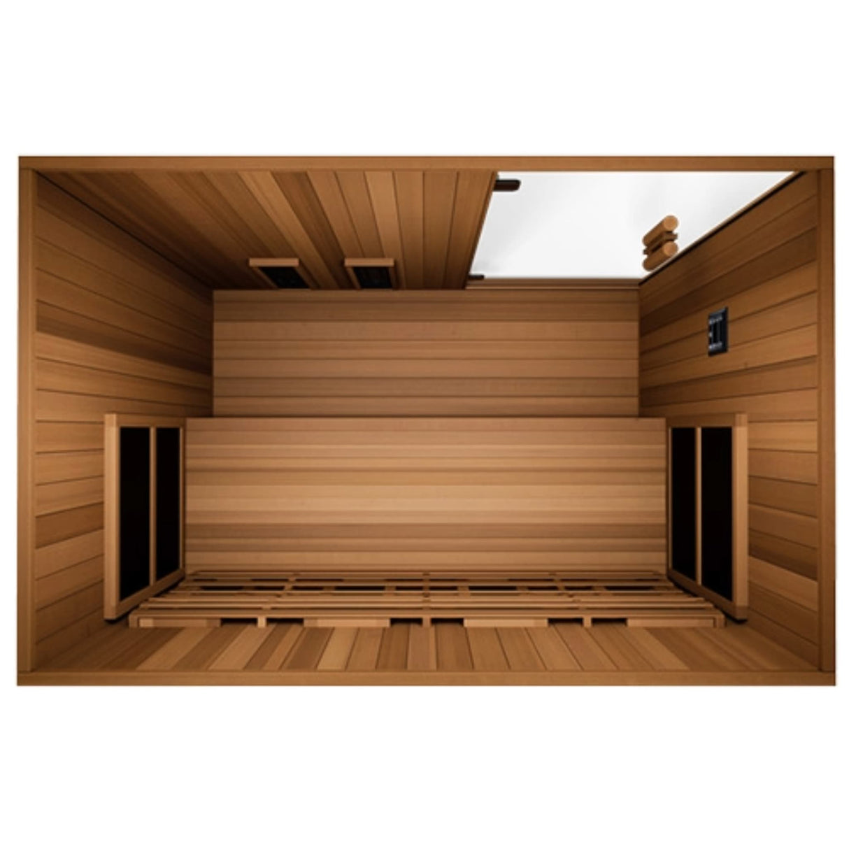 Finnmark FD-3 infrared sauna top-down interior view showing ergonomic cedar benches, carbon 360 heater panels and full body coverage layout.