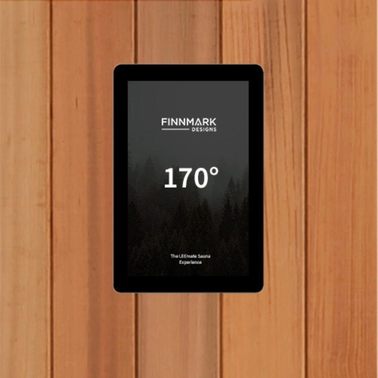 Finnmark FD-4 Trinity sauna built-in LCD WiFi touchscreen controller displaying 170 degrees temperature.
