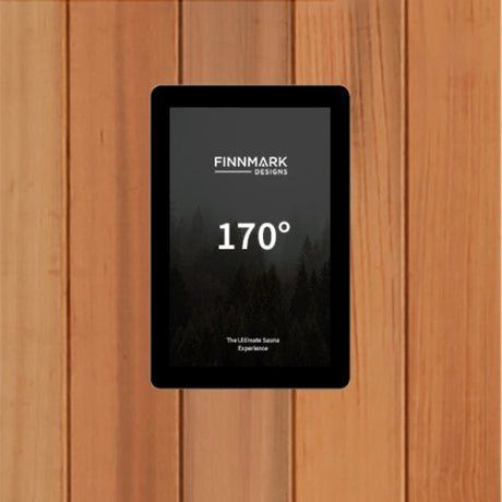 Finnmark FD-4 Trinity sauna built-in LCD WiFi touchscreen controller displaying 170 degrees temperature.