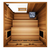 Finnmark FD-4 Trinity 3-in-1 sauna top-down interior view showing two-tier cedar benches, Harvia traditional heater with stones and infrared panels.