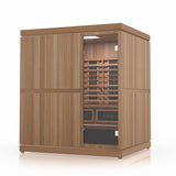 Finnmark FD-5 Trinity XL 4-person infrared and steam sauna exterior with Thermo-Aspen wood finish and glass door showing two-tier benches.