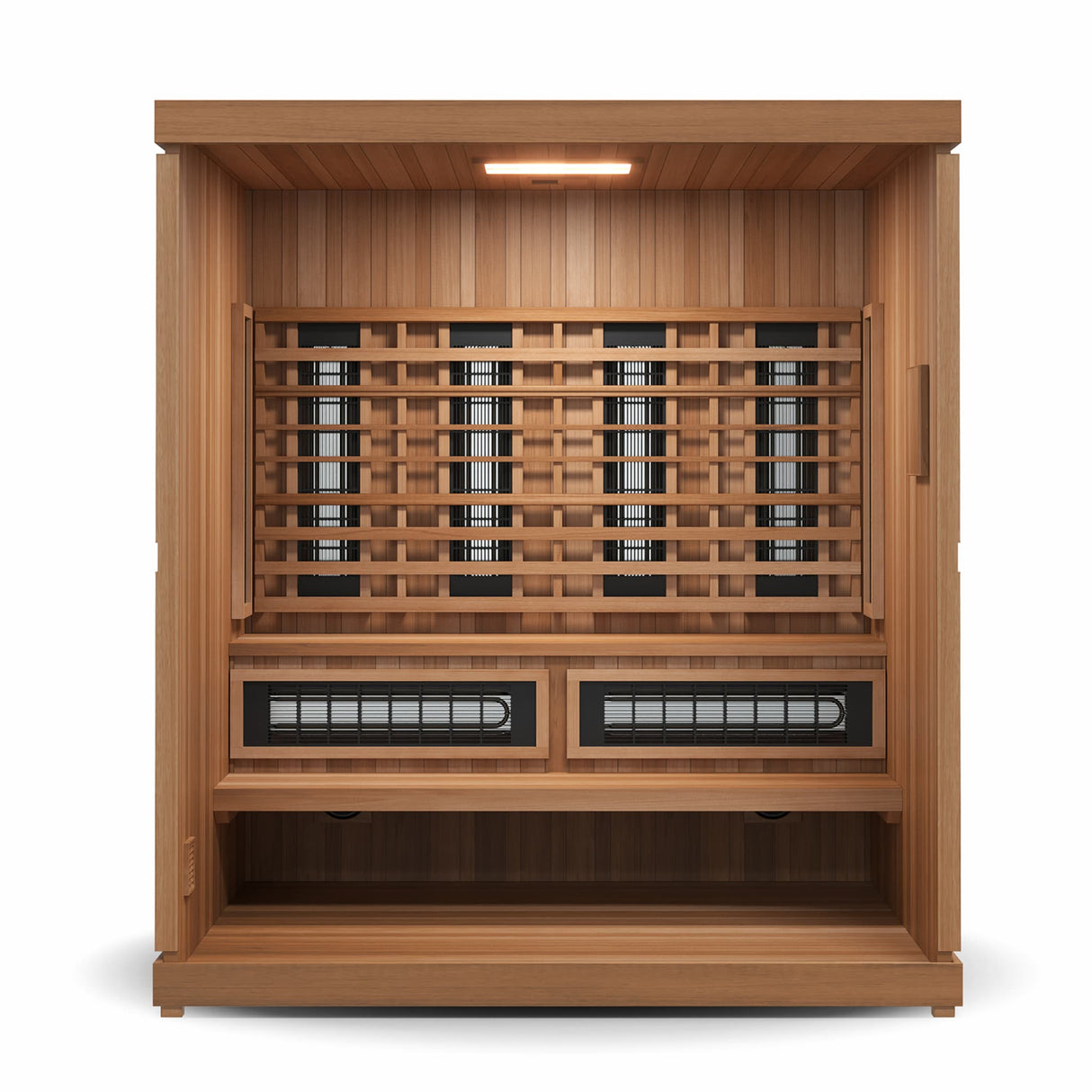 Finnmark FD-5 Trinity XL sauna interior front view showing carbon 360 heater panels, Spectrum Plus infrared heaters and Western Canadian cedar construction.