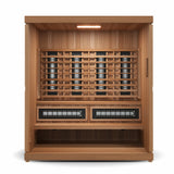 Finnmark FD-5 Trinity XL sauna interior front view showing carbon 360 heater panels, Spectrum Plus infrared heaters and Western Canadian cedar construction.