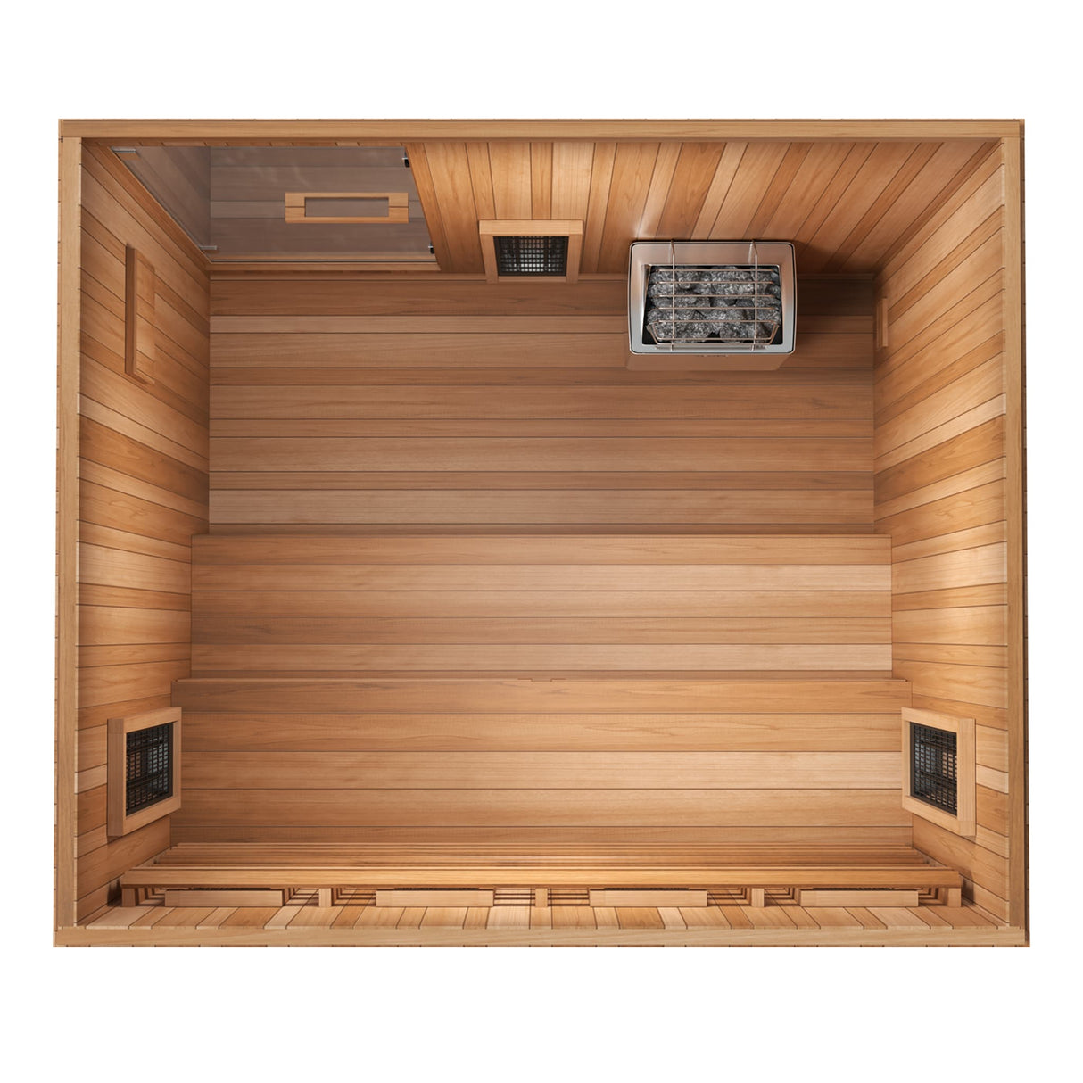Finnmark FD-5 Trinity XL sauna top-down interior view showing two-tier cedar benches, Harvia KIP traditional heater with stones and infrared panels.