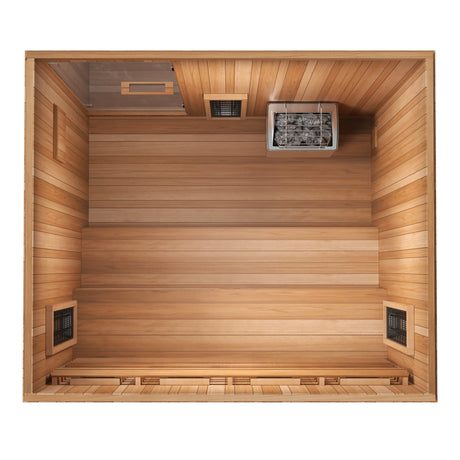 Finnmark FD-5 Trinity XL sauna top-down interior view showing two-tier cedar benches, Harvia KIP traditional heater with stones and infrared panels.