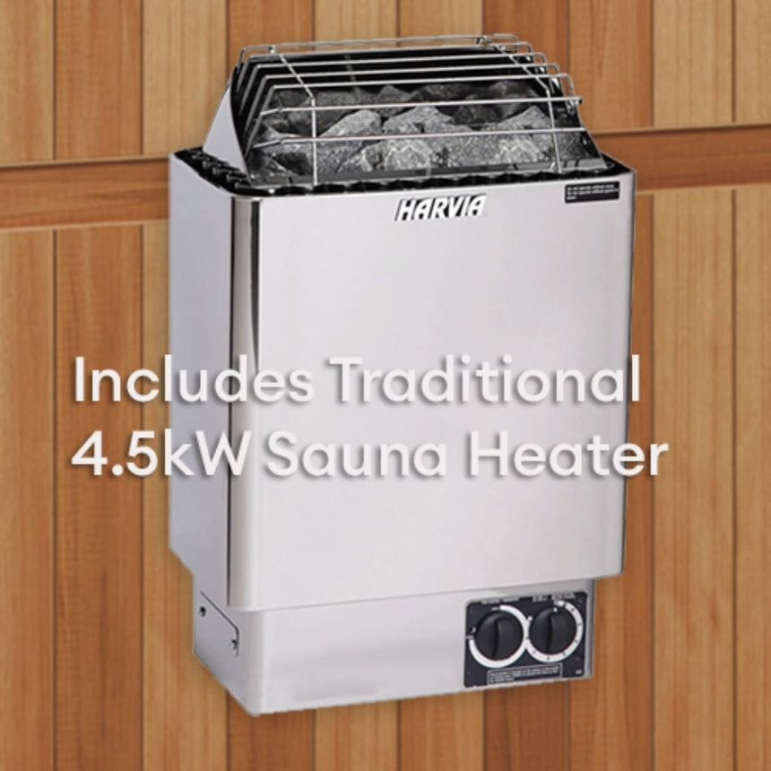 Harvia KIP 4.5kW traditional sauna heater wall-mounted with vulcanite stones and built-in controls included with Finnmark FD-5 Trinity XL.