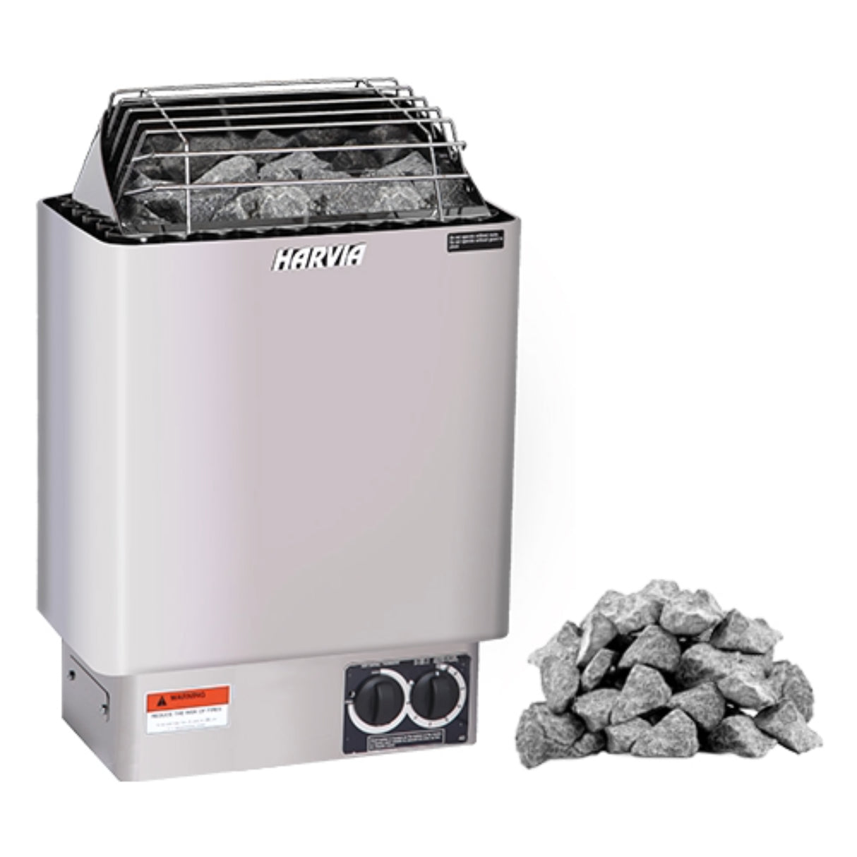 Harvia KIP B series 4.5kW to 8kW wall-mounted electric sauna heater with built-in controls and sauna stones for efficient heating in small to medium saunas.