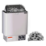 Harvia KIP B series 4.5kW to 8kW wall-mounted electric sauna heater with built-in controls and sauna stones for efficient heating in small to medium saunas.