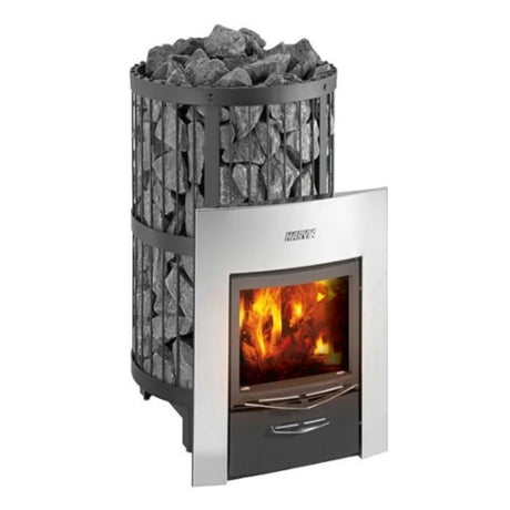 Harvia Legend 240 Duo wood burning sauna heater (WK240LDLUX) with steel frame, large stone capacity, and front-facing stainless steel flange.