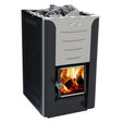 Isolated product image of Harvia Pro 20 24kW wood-burning sauna stove with stones and glowing fire for medium-sized saunas.