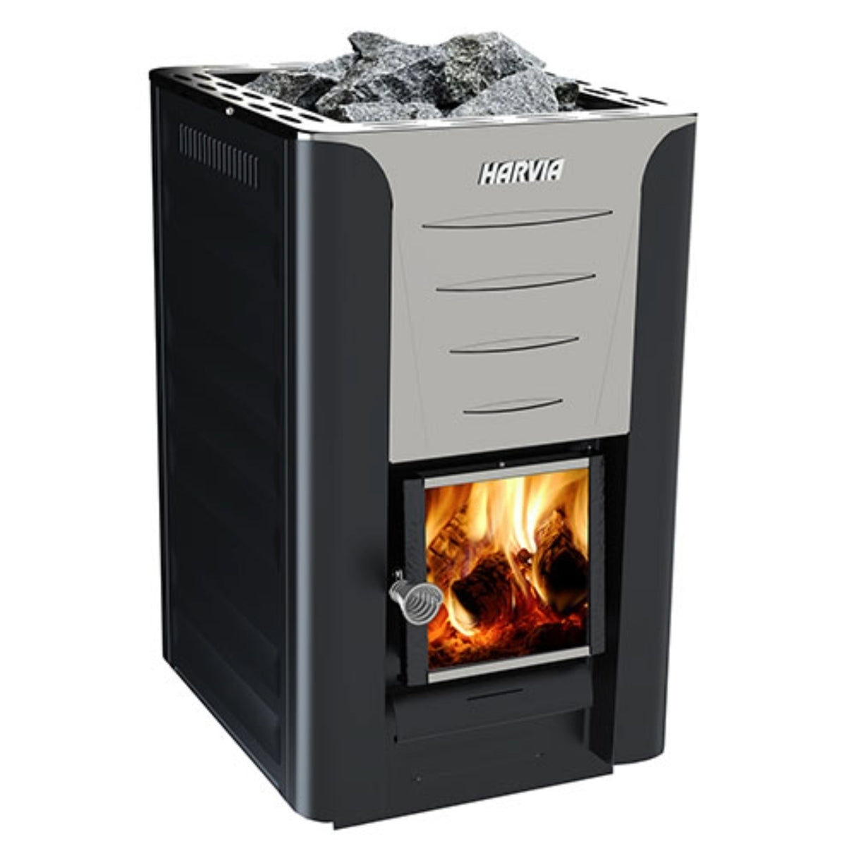 Isolated product image of Harvia Pro 20 24kW wood-burning sauna stove with stones and glowing fire for medium-sized saunas.