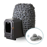HUUM HIVE Wood sauna stove with external feed tunnel extension and large stone capacity, shown with a bundle of sauna stones.