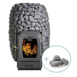 HUUM HIVE Wood sauna stove with modern black door featuring a small fire viewing window and required sauna stones bundle.
