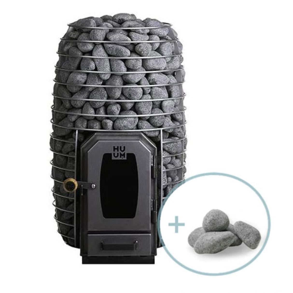 HUUM HIVE Wood sauna stove (Model 13kW or 17kW) shown with large stone capacity and additional sauna stones bundle for authentic löyly.