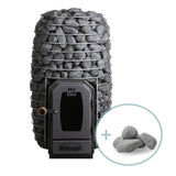 HUUM HIVE Wood sauna stove (Model 13kW or 17kW) shown with large stone capacity and additional sauna stones bundle for authentic löyly.
