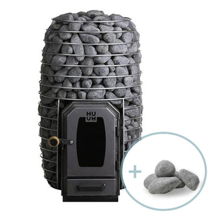 HUUM HIVE Wood sauna stove (Model 13kW or 17kW) shown with large stone capacity and additional sauna stones bundle for authentic löyly.