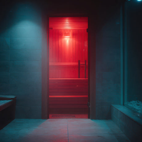 Infrared sauna with red light therapy in modern bathroom.