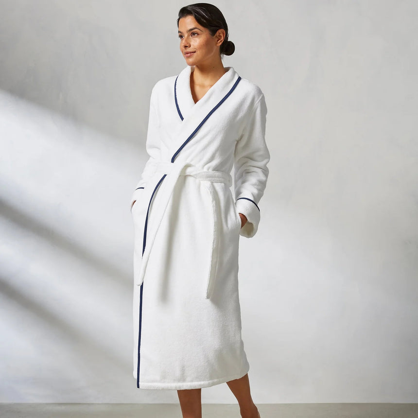 Kassatex Turkish Cotton Piped Robe | Zero-Twist Cotton | Cuffed Sleeves & Contrast Piping