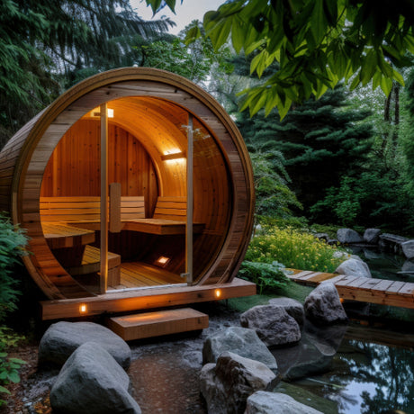 Outdoor barrel sauna in backyard garden setting with pond.