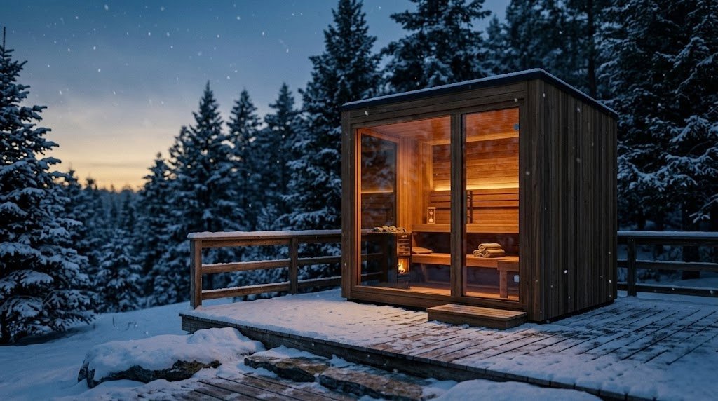 Premium modern outdoor sauna at twilight on snowy wooden deck with warm interior glow framed by evergreen trees