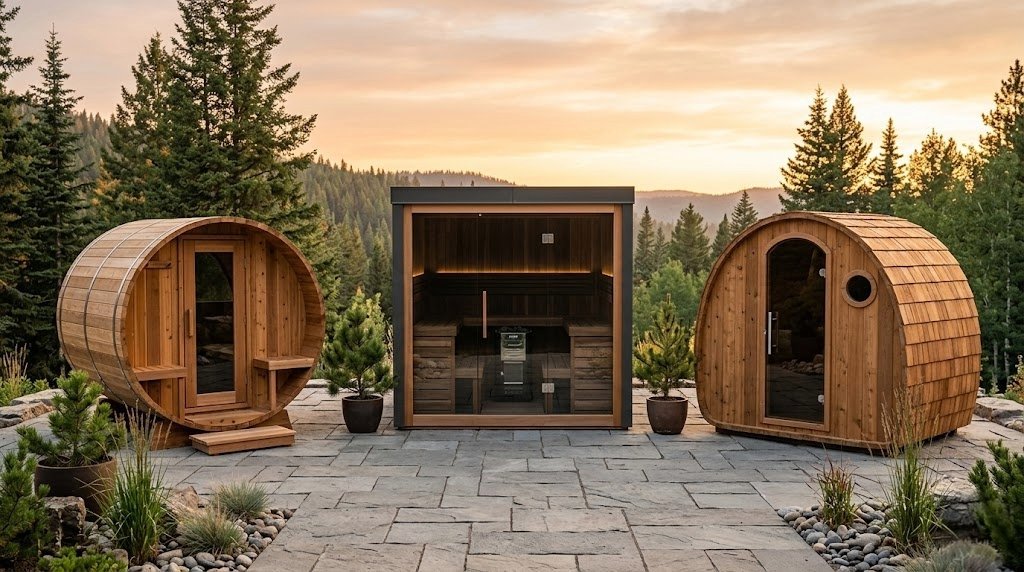 Premium outdoor sauna brands compared — Iglucraft, Dundalk, SaunaLife, Auroom, and Clearlight models