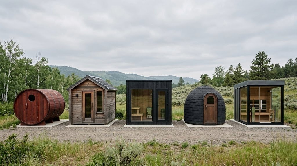 Outdoor sauna shapes compared — barrel, cabin, cube, igloo, and infrared designs