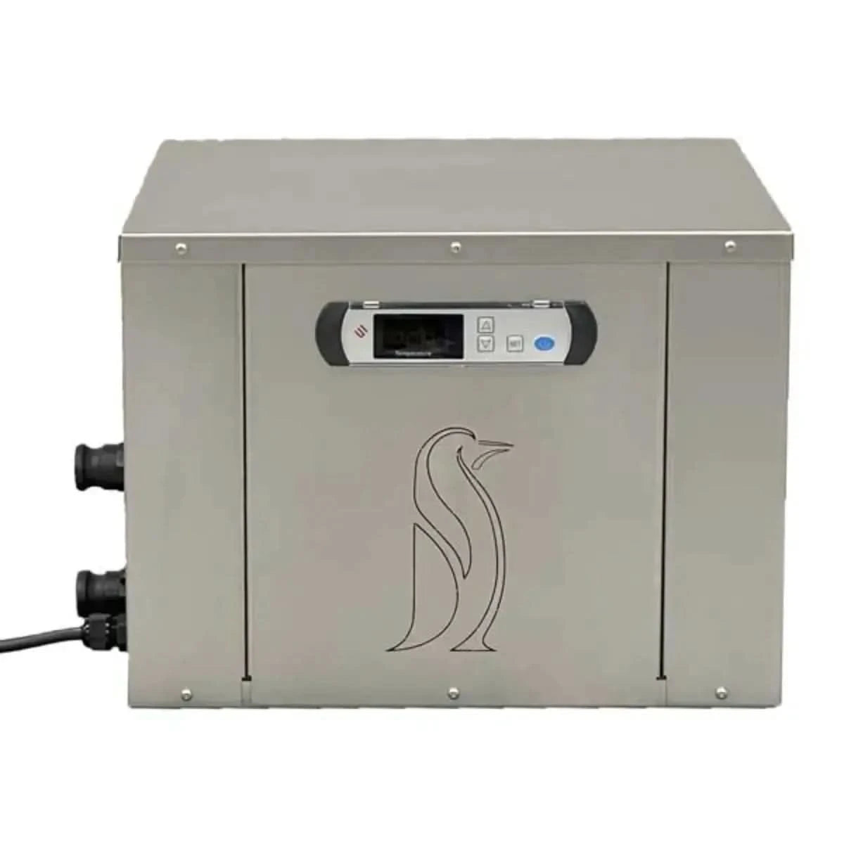 A front-on product shot of the Penguin Cold Therapy Chiller (SKU: 730204), a stainless steel unit with a digital display and the Penguin logo.
