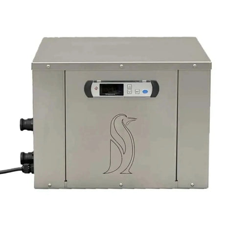 A front-on product shot of the Penguin Cold Therapy Chiller (SKU: 730204), a stainless steel unit with a digital display and the Penguin logo.