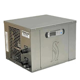 A side view of the Penguin Cold Therapy Chiller (SKU: 730204), showing the stainless steel unit with the attached filter housing.