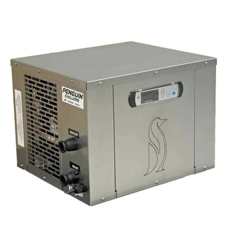 A side view of the Penguin Cold Therapy Chiller (SKU: 730204), showing the stainless steel unit with the attached filter housing.