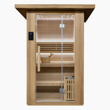 Front view of the Revive 2 Person Traditional Sauna in thermo-treated hemlock with a full-height glass door, exterior touchscreen control panel, bucket and ladle on the upper bench and the heater behind a wooden guard