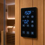 Touchscreen control panel of the Revive 2 Person Traditional Sauna showing 150°F and a timer setting