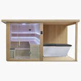 Revive 4 Person Extended Sauna and Revive Acrylic Plunge: the sauna with its full glass front and glass door, touchscreen control panel, L-shaped two-tier benches, LED lighting and the heater behind a wooden guard, and the covered deck beside it, where the white acrylic tub with its spa cover on stands along the back wall; the plunge's chiller isn't pictured