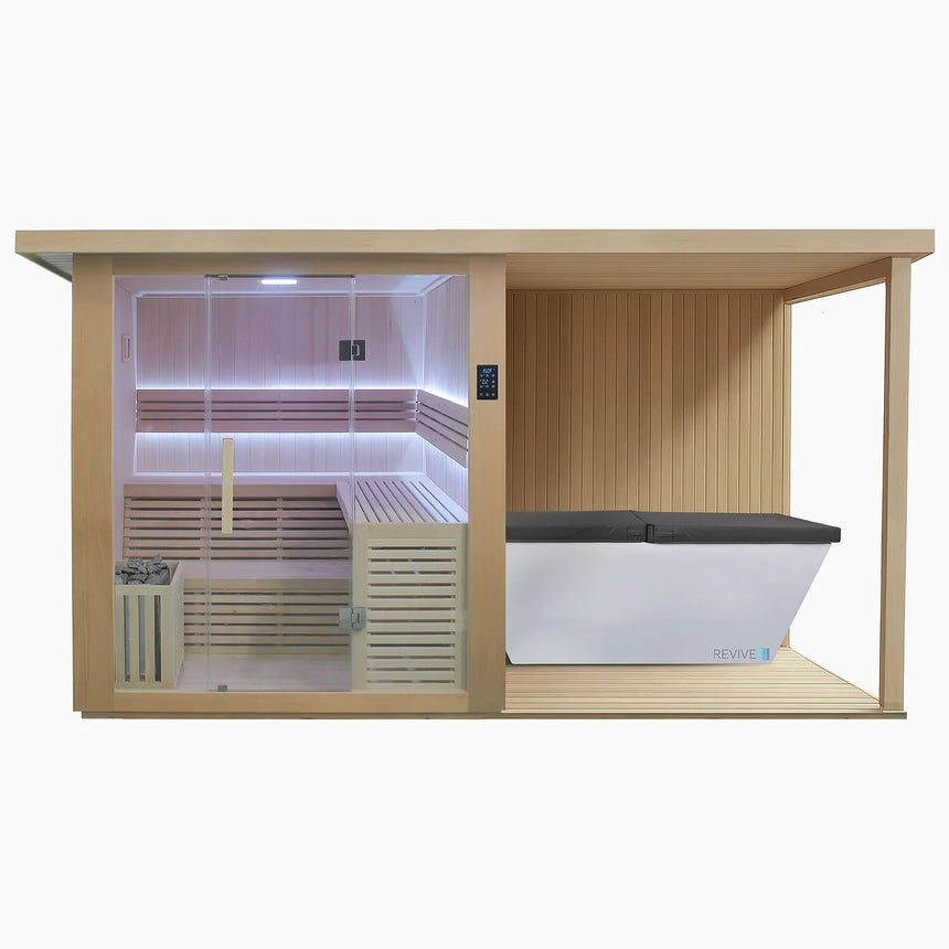 Revive 4 Person Extended Sauna and Revive Acrylic Plunge: the sauna with its full glass front and glass door, touchscreen control panel, L-shaped two-tier benches, LED lighting and the heater behind a wooden guard, and the covered deck beside it, where the white acrylic tub with its spa cover on stands along the back wall; the plunge's chiller isn't pictured