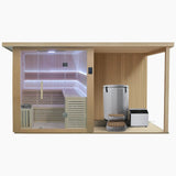 Revive 4 Person Extended Sauna and Revive Inflatable Barrel Plunge: the sauna with its full glass front and glass door, touchscreen control panel, L-shaped two-tier benches, LED lighting and the heater behind a wooden guard, and the covered deck beside it, where the barrel with its cover strapped on stands at the back wall, with its inflatable step in front and its chiller beside it