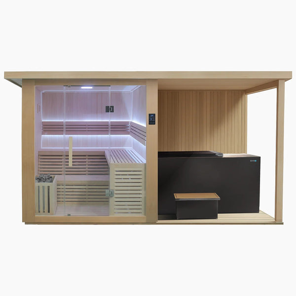 Revive 4 Person Extended Sauna and Revive Luxury Plunge: the sauna with its full glass front and glass door, touchscreen control panel, L-shaped two-tier benches, LED lighting and the heater behind a wooden guard, and the covered deck beside it, where the black-cabinet plunge with tan decking and its tub cover on stands along the back wall with its matching step in front