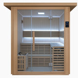 Front view of the Revive 4 Person Traditional Sauna with a full glass front and glass door, exterior touchscreen control panel, L-shaped two-tier benches, LED lighting and the heater behind a wooden guard