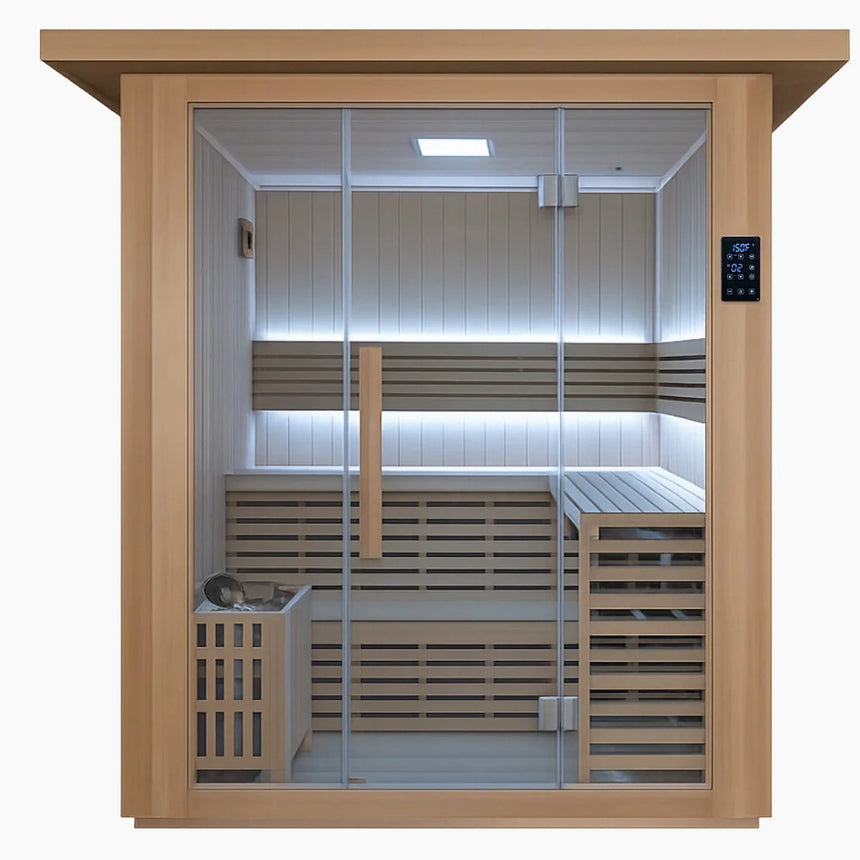 Front view of the Revive 4 Person Traditional Sauna with a full glass front and glass door, exterior touchscreen control panel, L-shaped two-tier benches, LED lighting and the heater behind a wooden guard